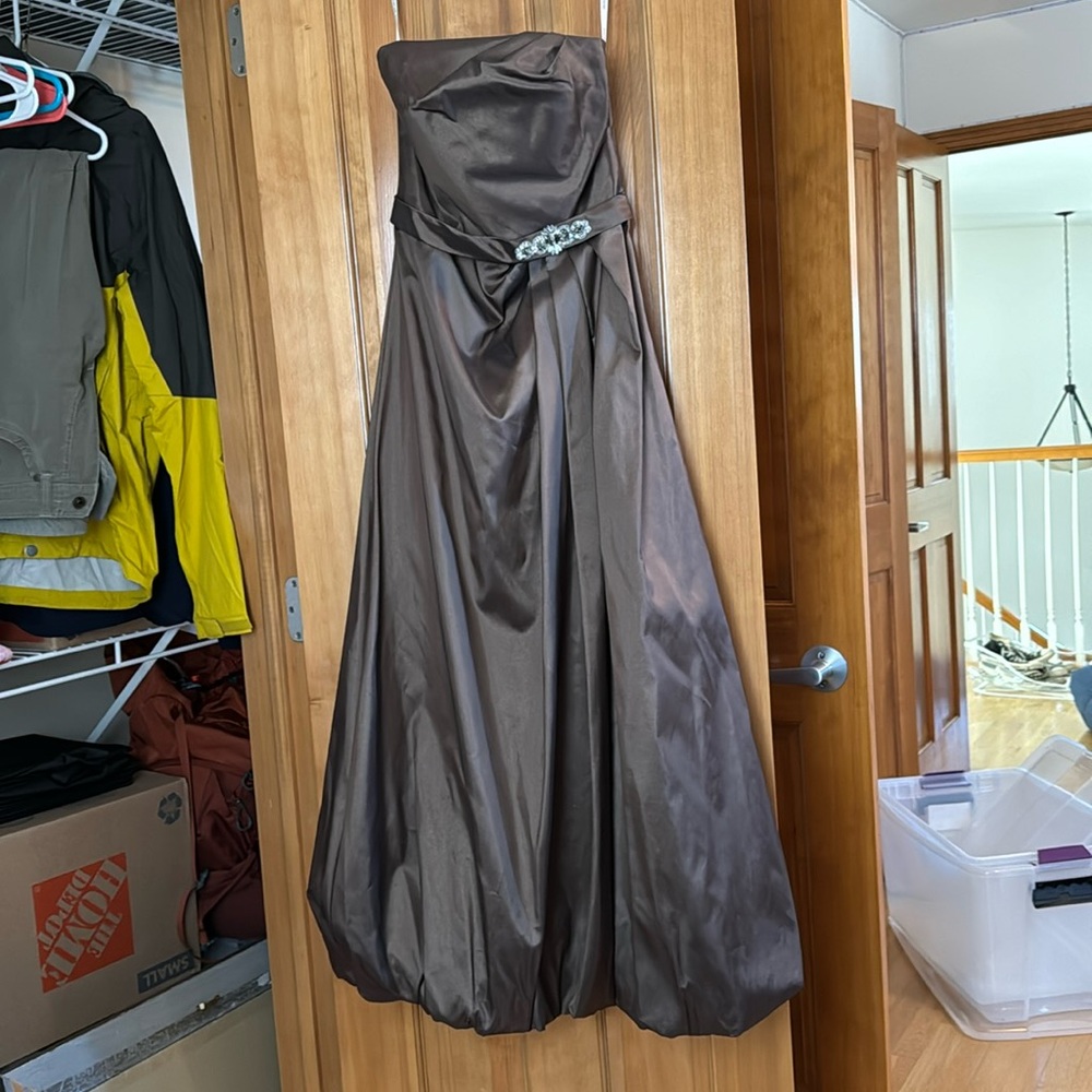 David’s Bridal brown strapless bridesmaids dress